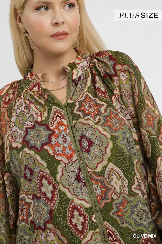 Umgee Boho Mosaic Print Button Down Blouse - Olive