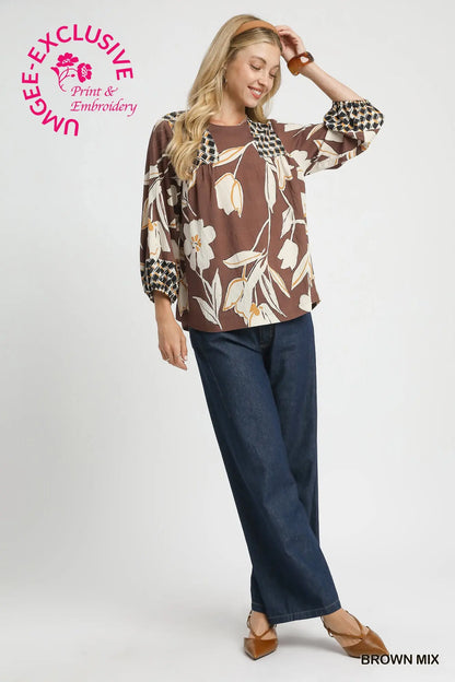 Mix Floral Print Blouse with Contrast Yoke - Brown