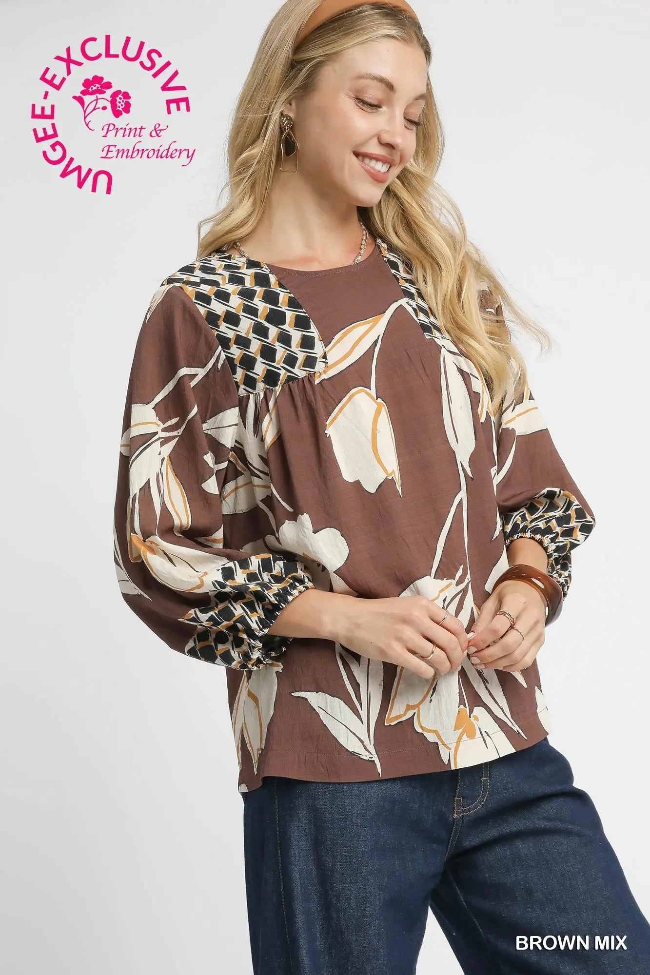 Mix Floral Print Blouse with Contrast Yoke - Brown