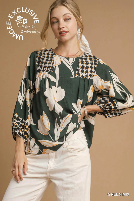 Mix Floral Print Blouse with Contrast Yoke - Green