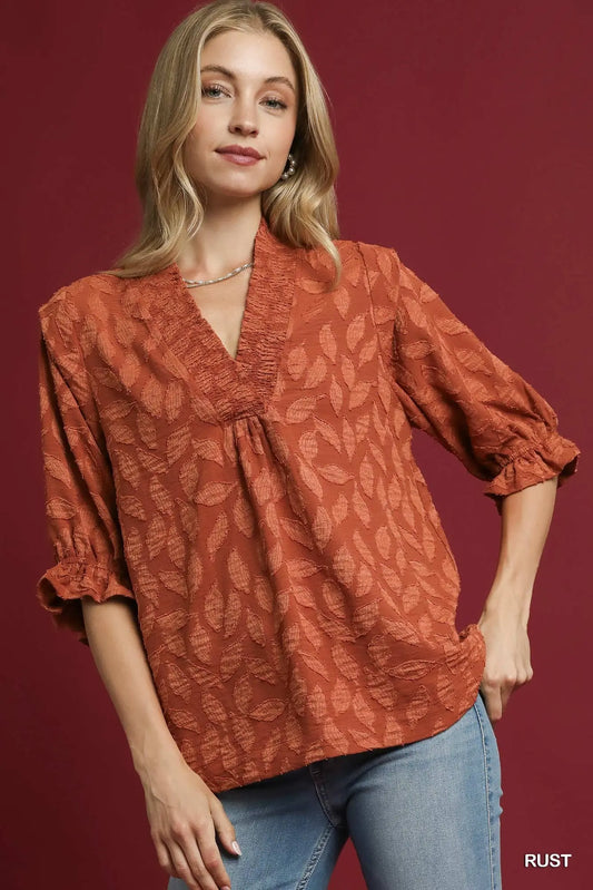 Umgee Floral Jacquard V-Neck Top - rust