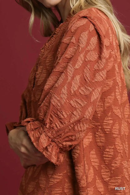 Umgee Floral Jacquard V-Neck Top - rust