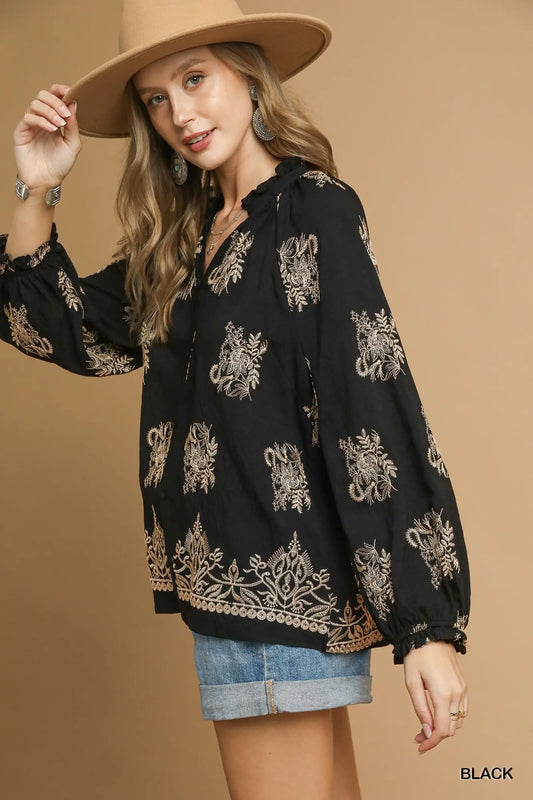 Umgee Embroidered Boho Blouse with Balloon Sleeves - Black
