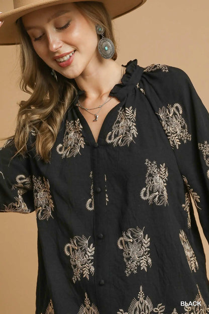 Umgee Embroidered Boho Blouse with Balloon Sleeves - Black