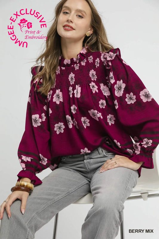 Umgee Mix Floral Smocked Ruffle Blouse