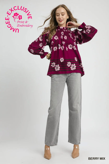 Umgee Mix Floral Smocked Ruffle Blouse