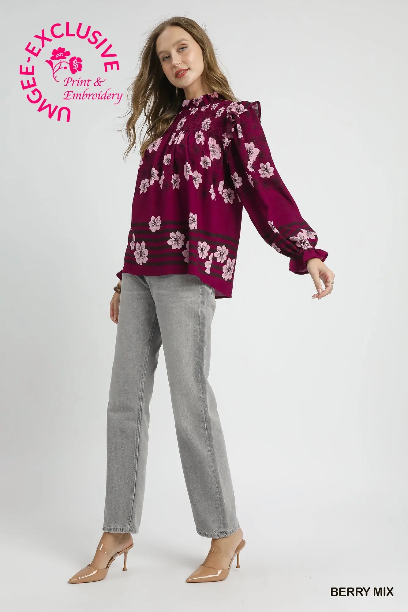 Umgee Mix Floral Smocked Ruffle Blouse