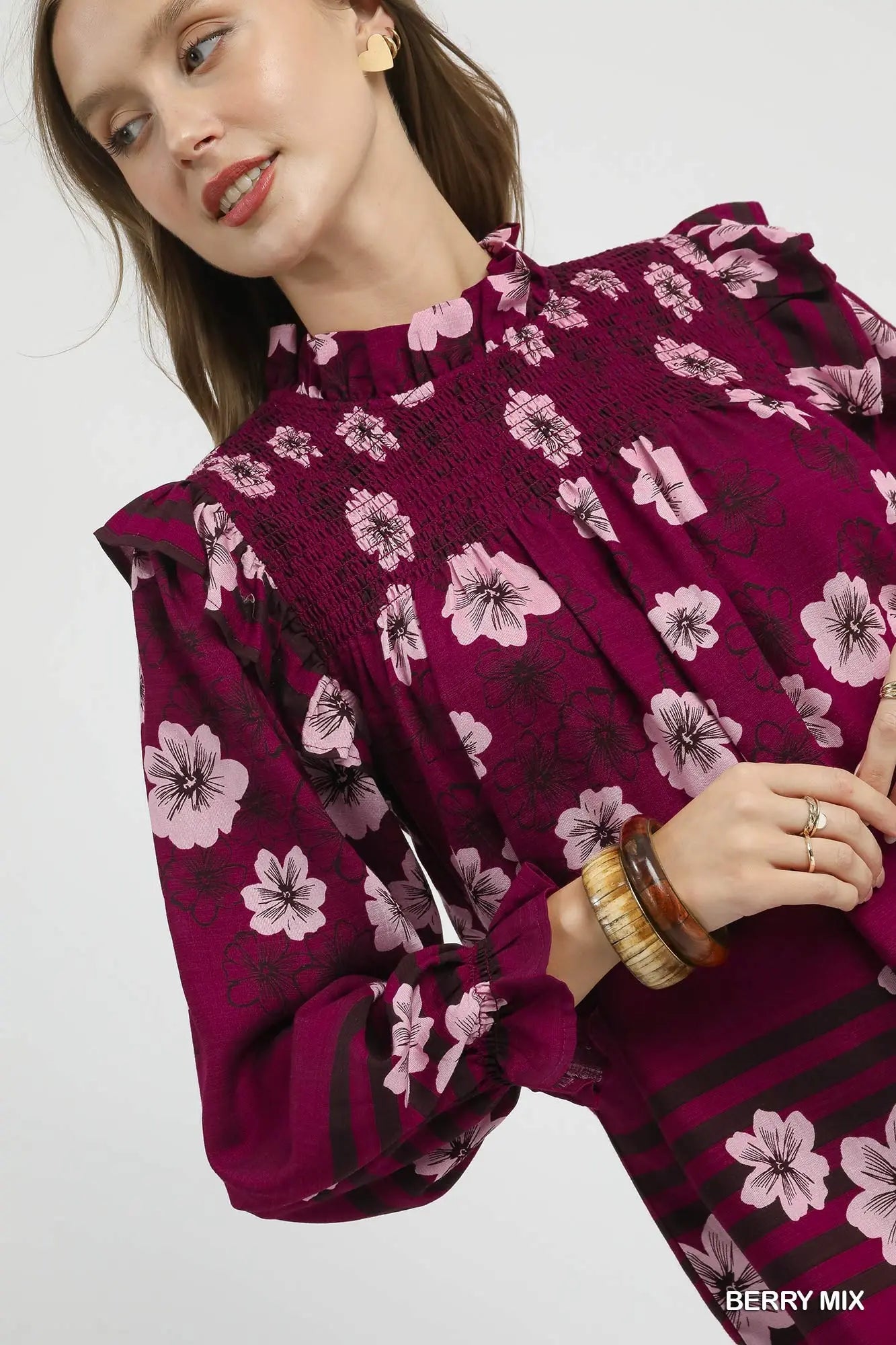 Umgee Mix Floral Smocked Ruffle Blouse