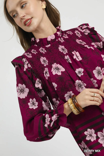 Umgee Mix Floral Smocked Ruffle Blouse