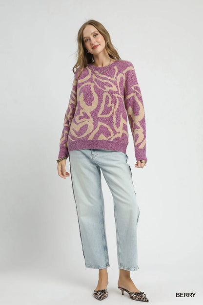 Umgee Heart Print Crew Neck Sweater