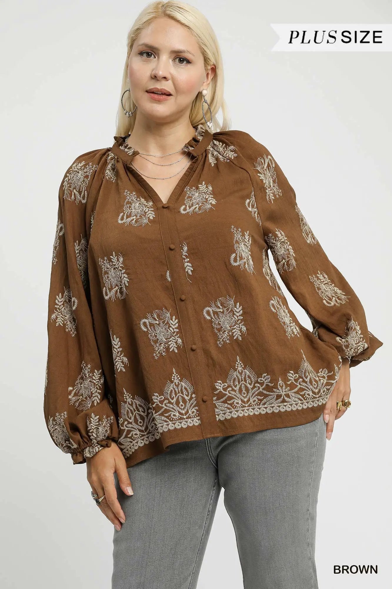 Umgee Embroidered Boho Blouse with Balloon Sleeves