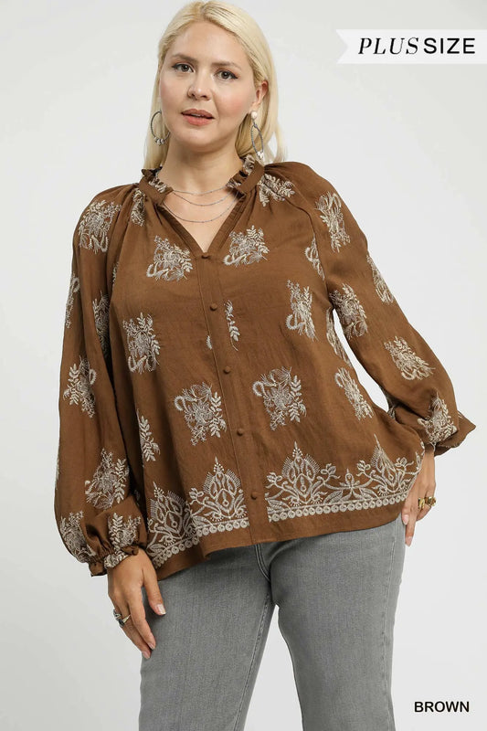 Umgee Embroidered Boho Blouse with Balloon Sleeves