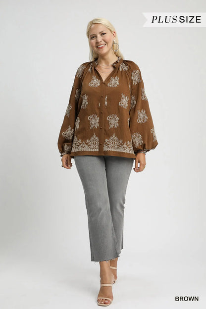 Umgee Embroidered Boho Blouse with Balloon Sleeves