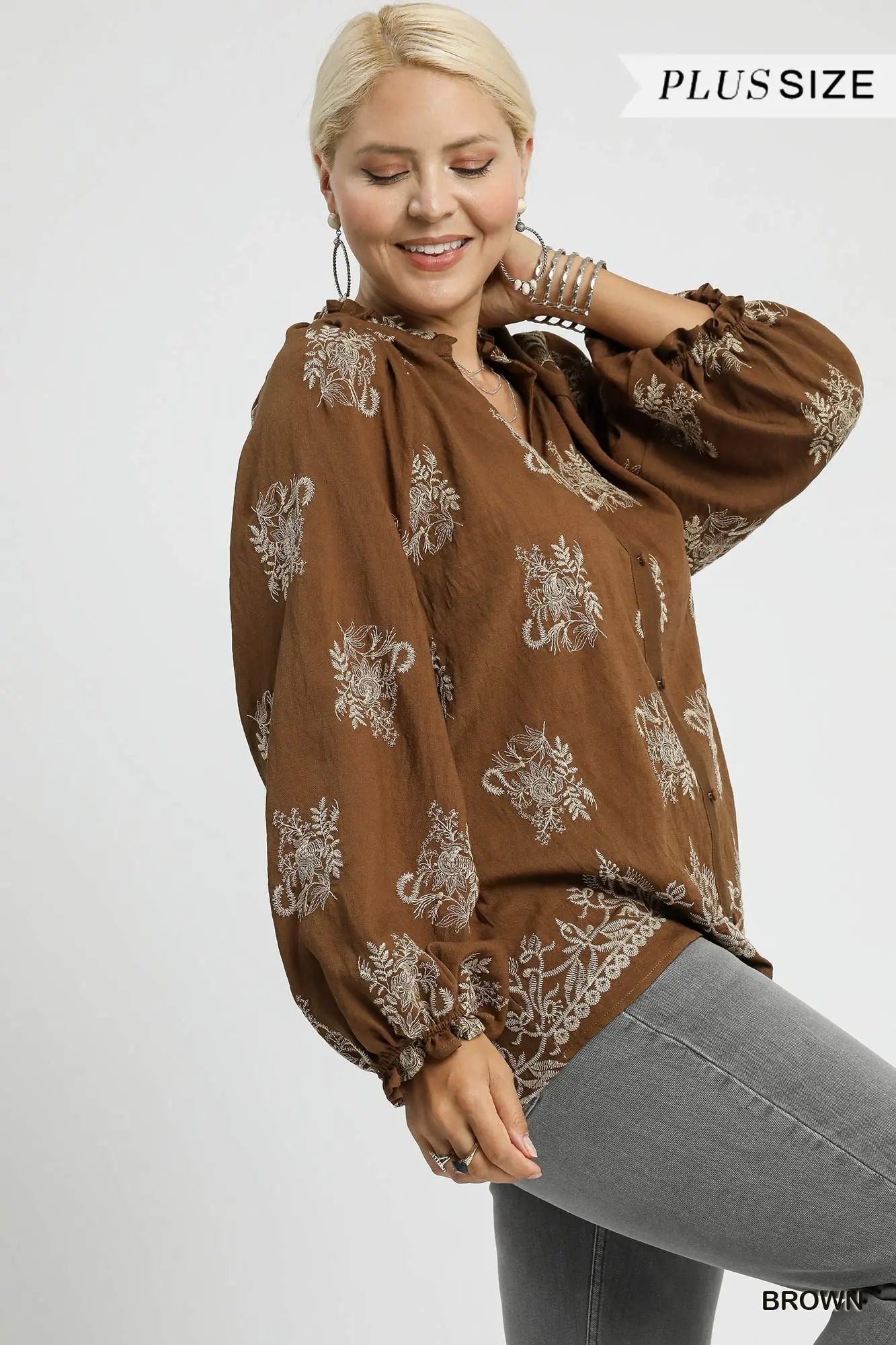 Umgee Embroidered Boho Blouse with Balloon Sleeves