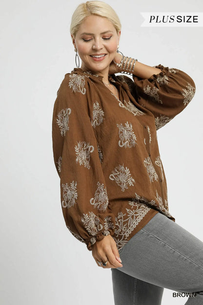 Umgee Embroidered Boho Blouse with Balloon Sleeves