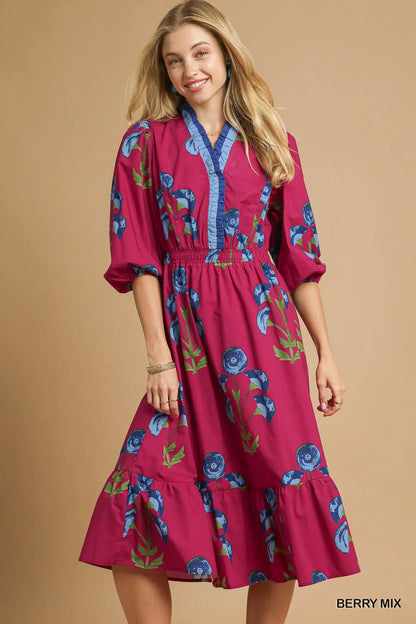 Umgee Floral Midi Dress with Ruffle Trim and Elastic Waist