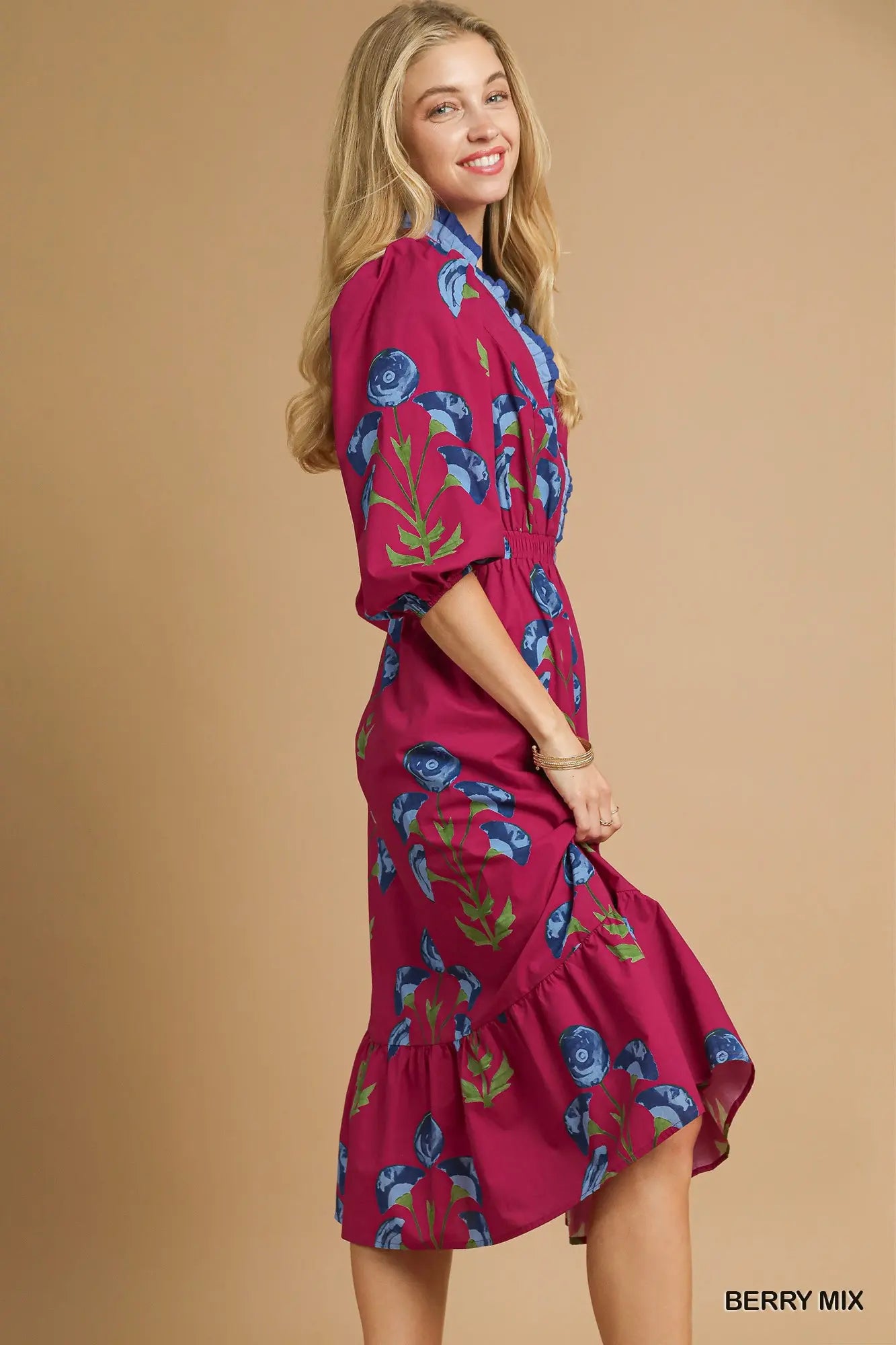 Umgee Floral Midi Dress with Ruffle Trim and Elastic Waist
