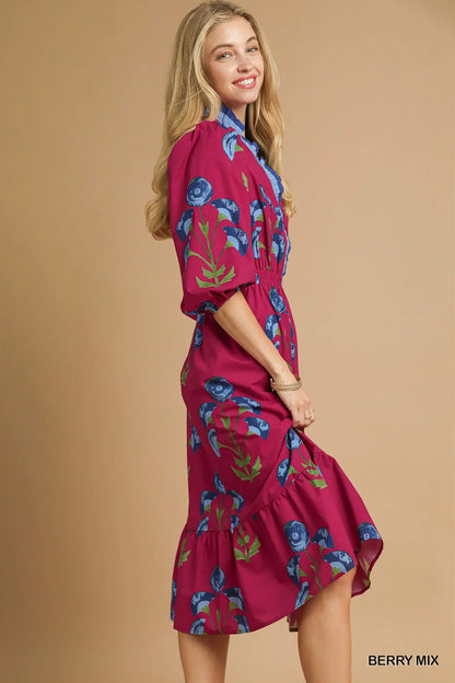 Umgee Floral Midi Dress with Ruffle Trim and Elastic Waist