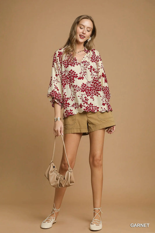 Umgee Cherry Blossom Print Scalloped Hem Blouse S - 2X