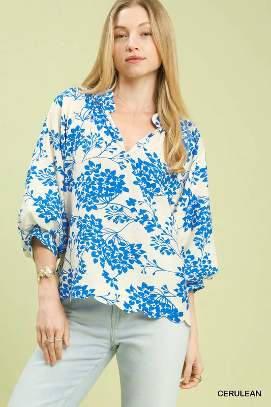 Umgee Cherry Blossom Print Scalloped Hem Blouse - Blue or Green
