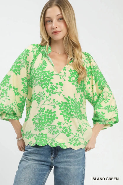 Umgee Cherry Blossom Print Scalloped Hem Blouse - Blue or Green