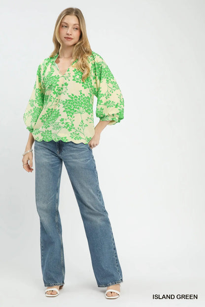 Umgee Cherry Blossom Print Scalloped Hem Blouse - Blue or Green