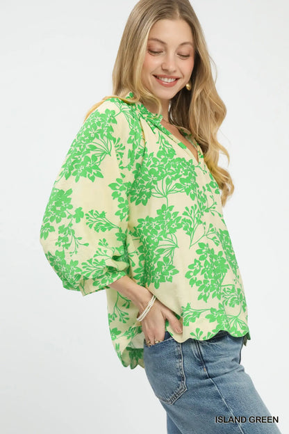Umgee Cherry Blossom Print Scalloped Hem Blouse - Blue or Green
