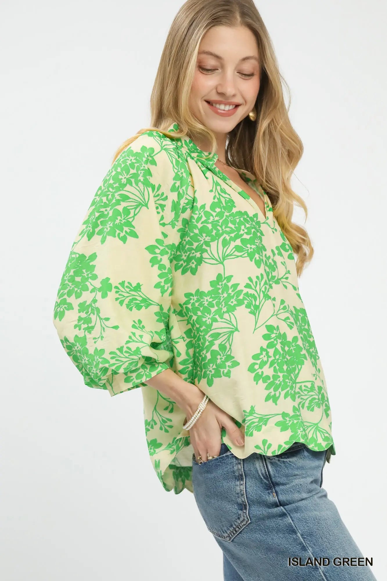 Umgee Cherry Blossom Print Scalloped Hem Blouse - Blue or Green