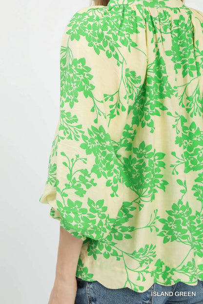 Umgee Cherry Blossom Print Scalloped Hem Blouse - Blue or Green