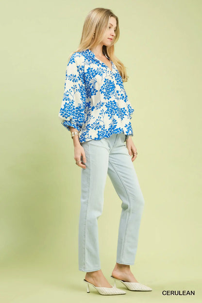 Umgee Cherry Blossom Print Scalloped Hem Blouse - Blue or Green