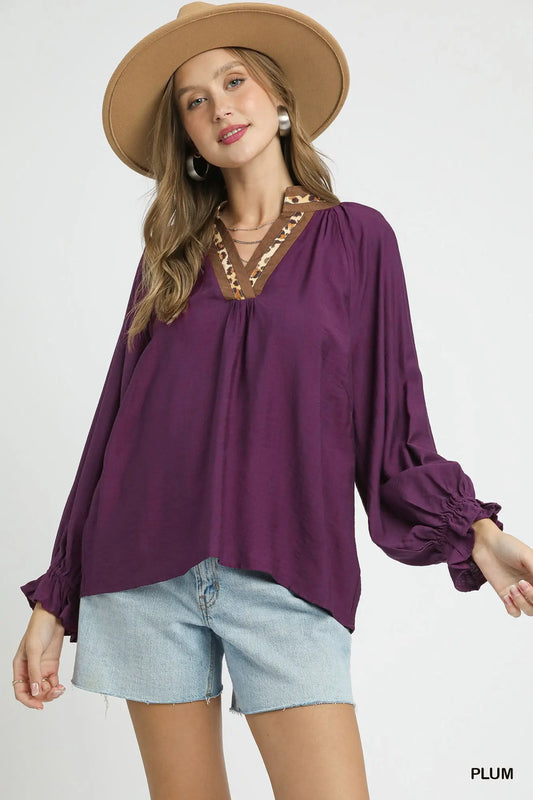 Umgee Leopard Trim V-neck Blouse - Plum