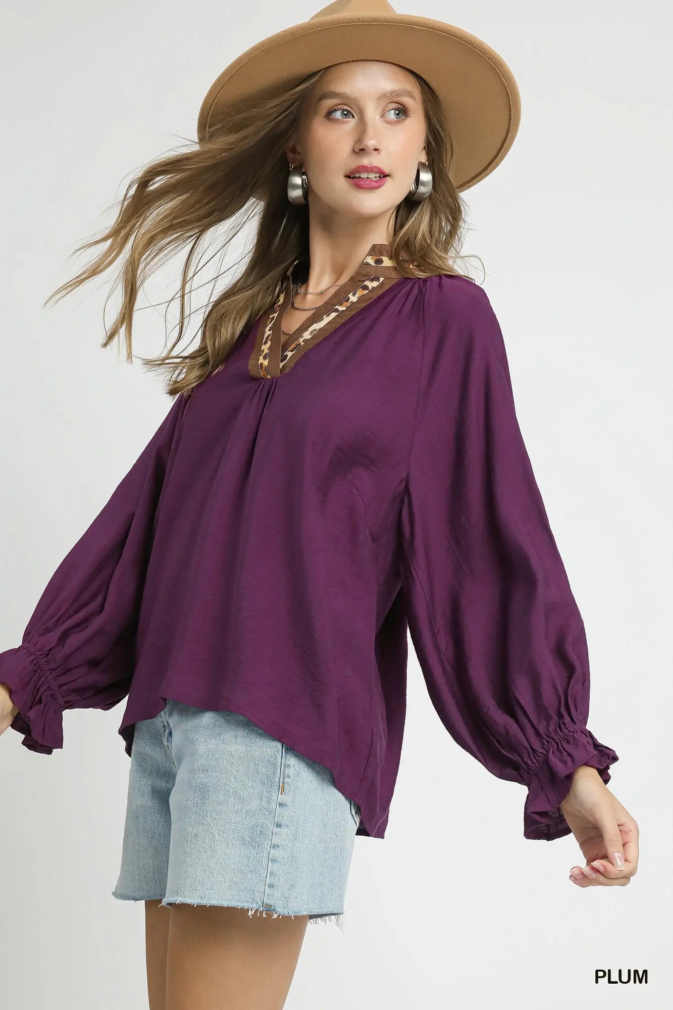 Umgee Leopard Trim V-neck Blouse - Plum