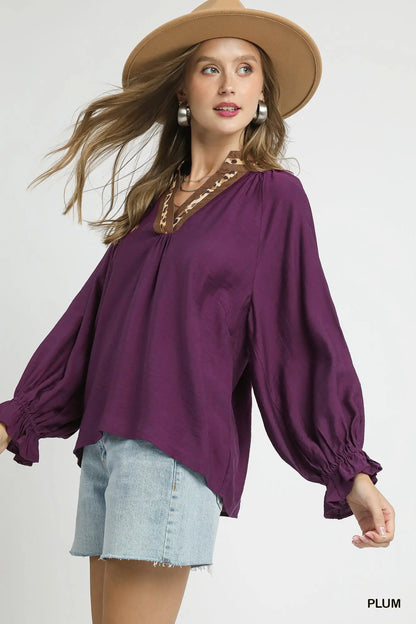 Umgee Leopard Trim V-neck Blouse - Plum
