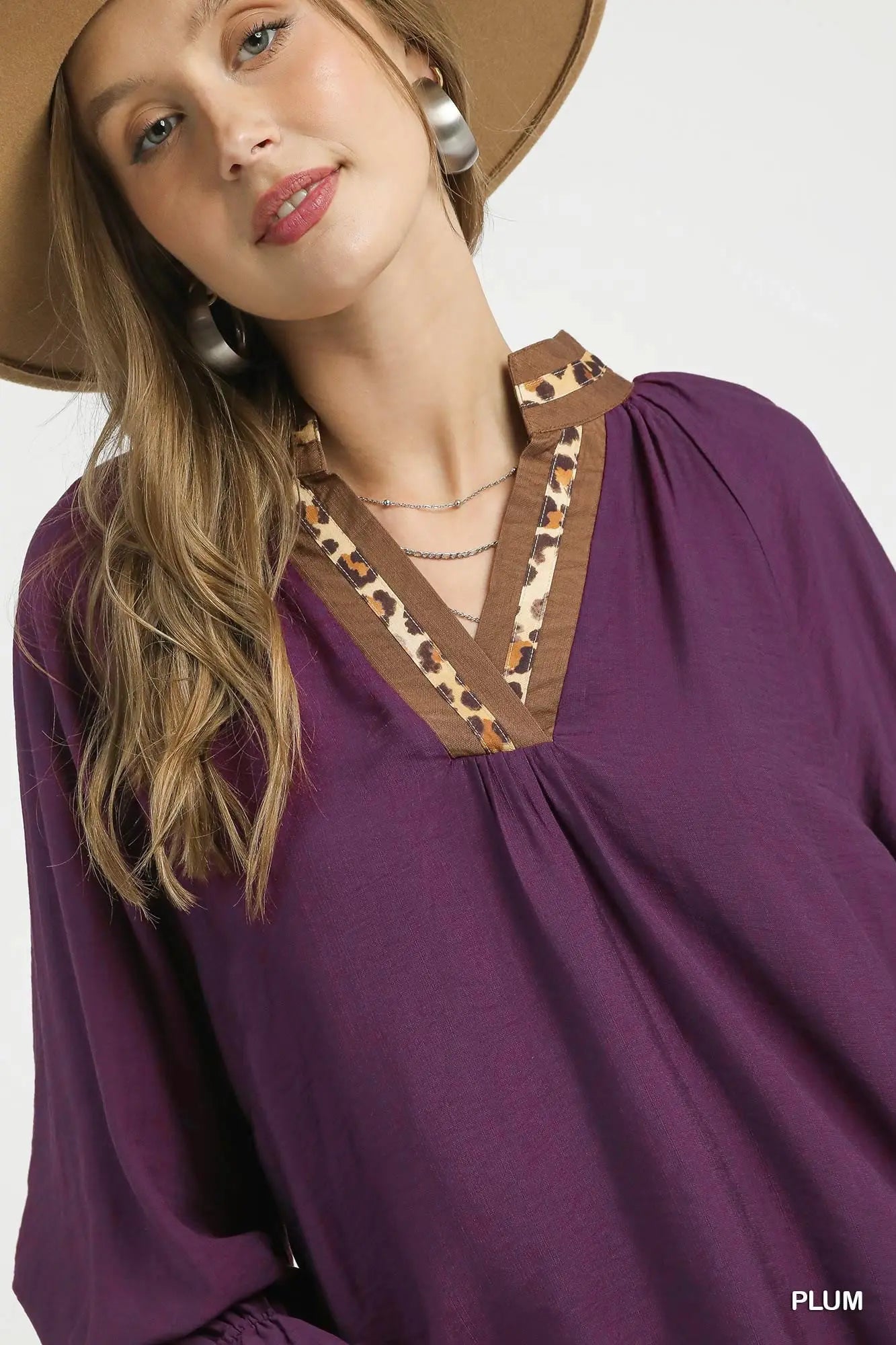 Umgee Leopard Trim V-neck Blouse - Plum