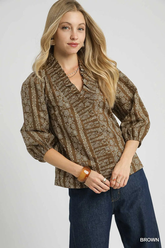 Umgee Abstract Print Ruffle Front Blouse