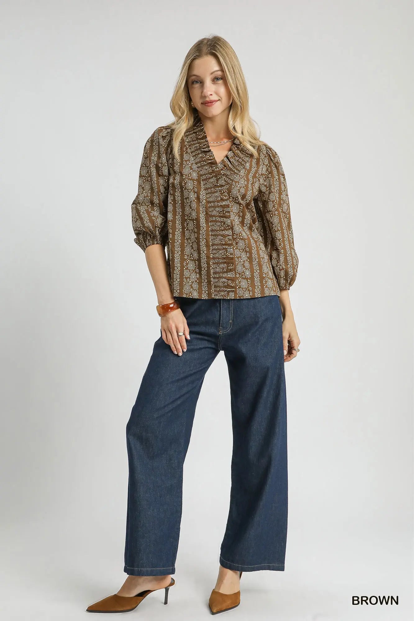 Umgee Abstract Print Ruffle Front Blouse