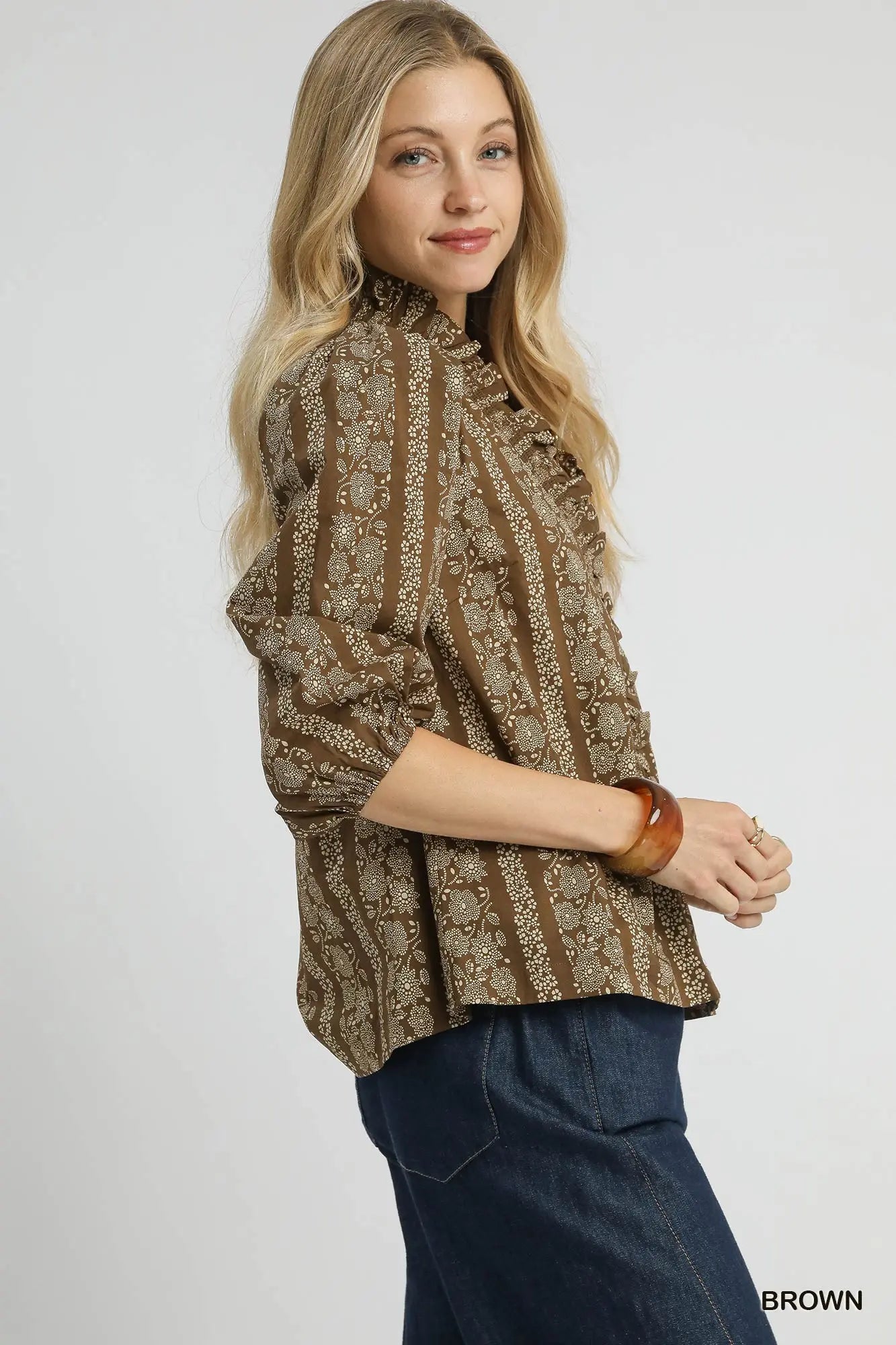 Umgee Abstract Print Ruffle Front Blouse