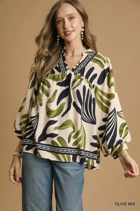 Umgee Boho Print Leaf Blouse - Olive