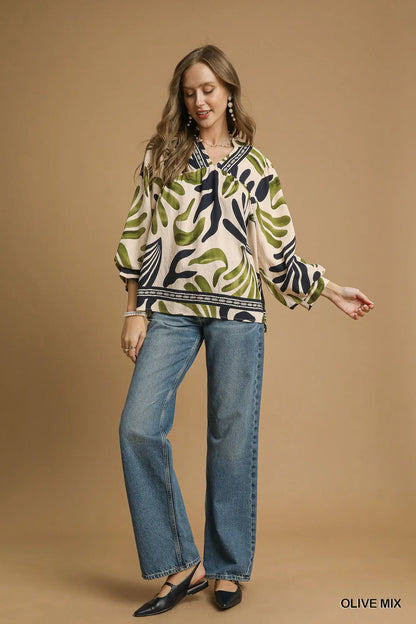 Umgee Boho Print Leaf Blouse - Olive
