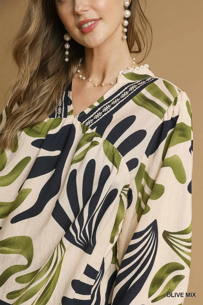 Umgee Boho Print Leaf Blouse - Olive