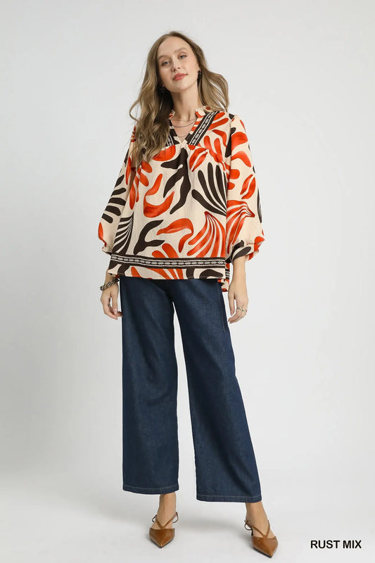 Umgee Boho Print Leaf Blouse - Rust