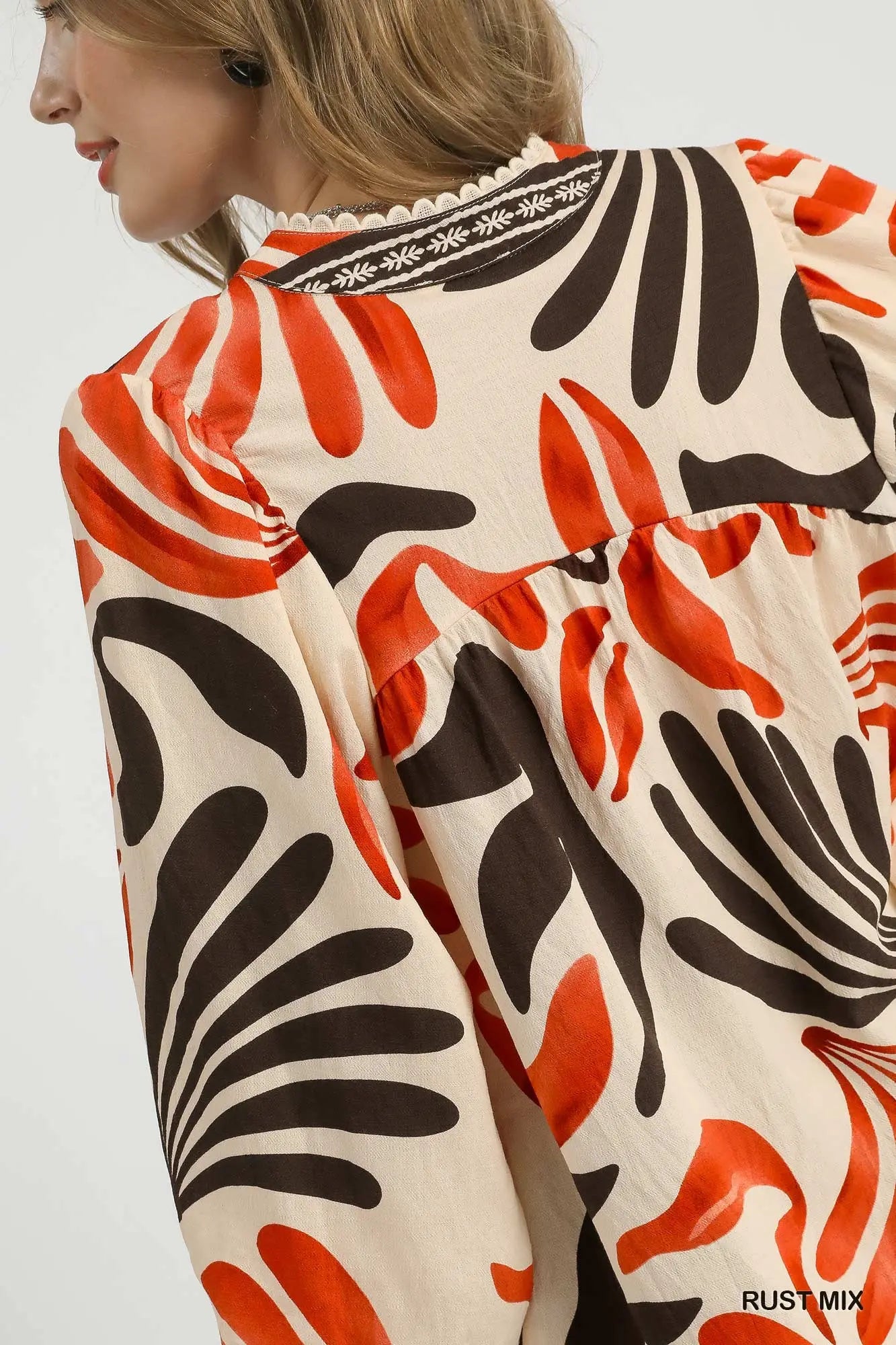 Umgee Boho Print Leaf Blouse - Rust