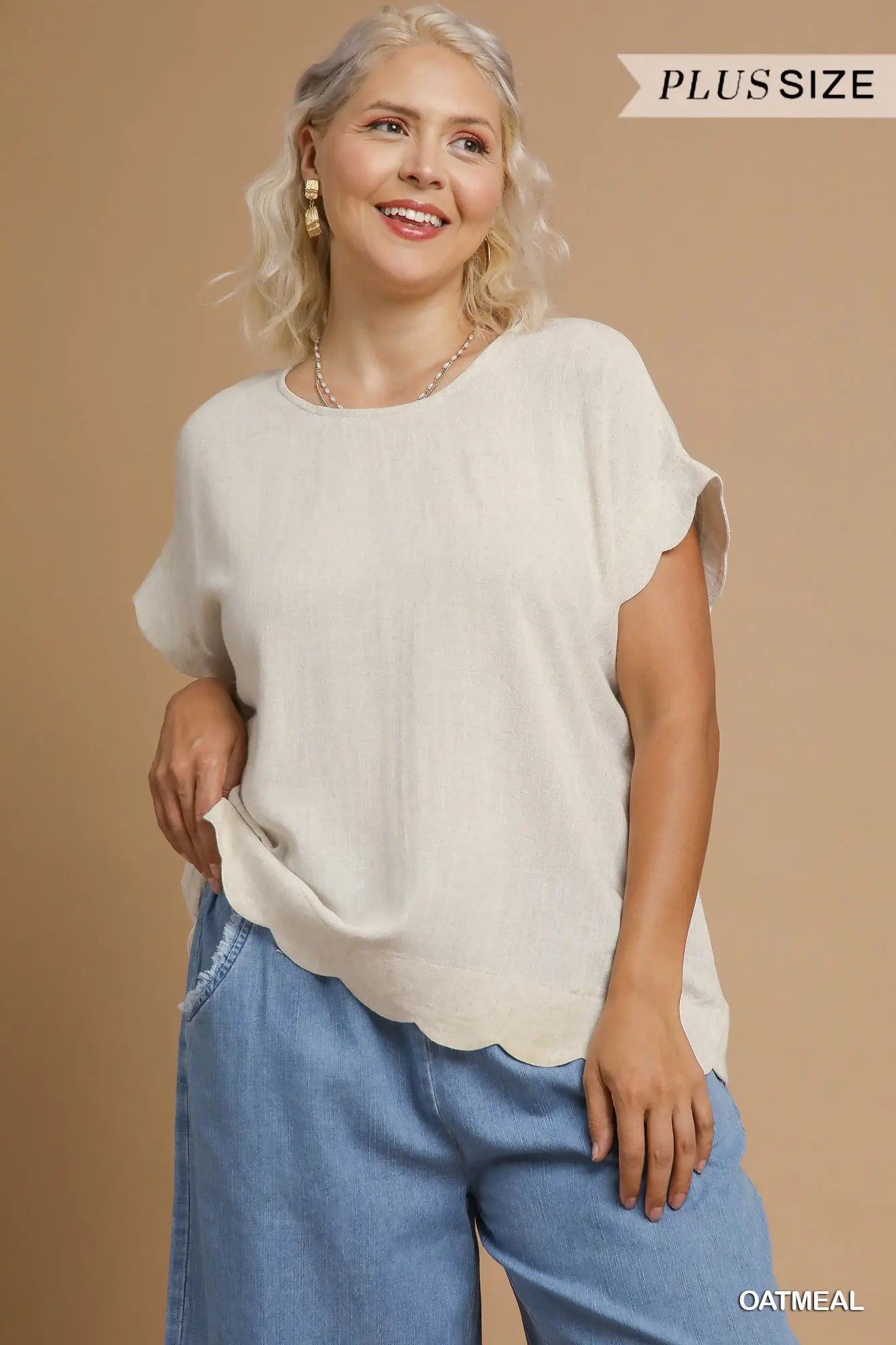 Umgee Scallop Hem Linen Blend Top