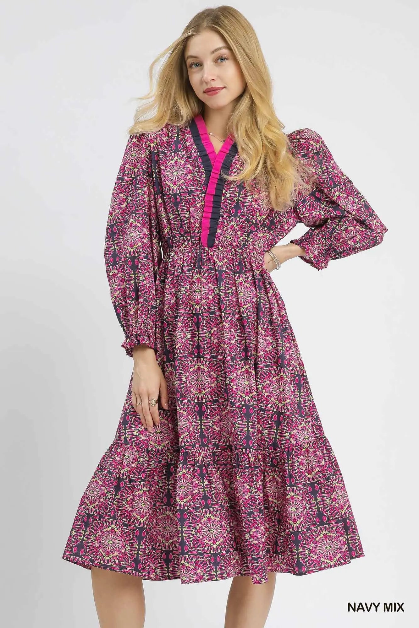 Umgee Smocked Print Waist Midi Dress
