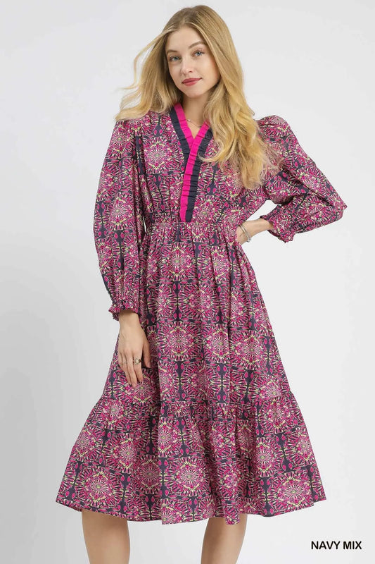 Umgee Smocked Print Waist Midi Dress