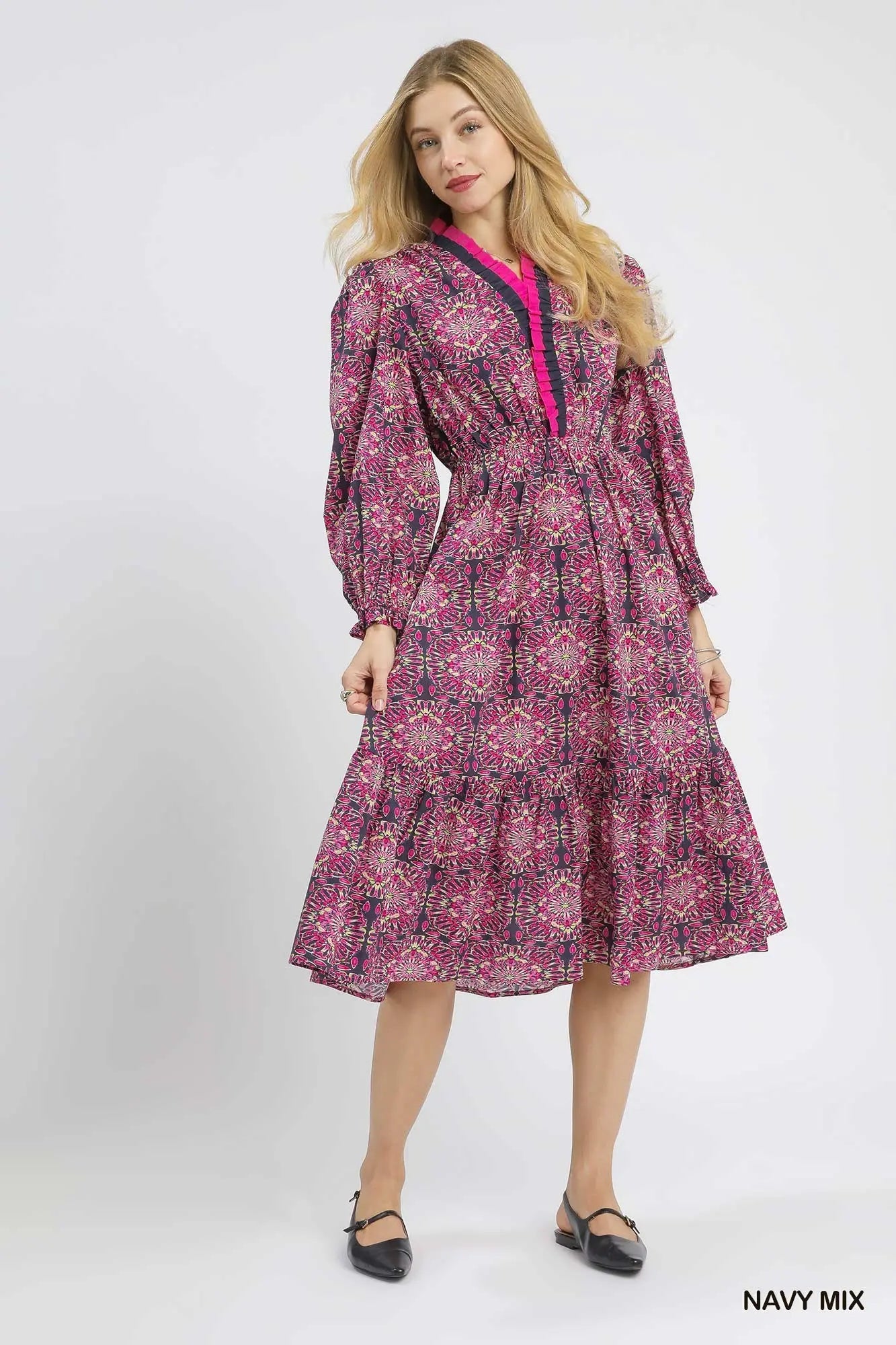 Umgee Smocked Print Waist Midi Dress