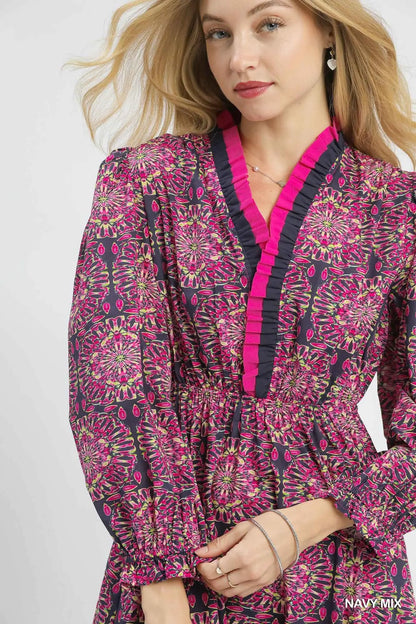 Umgee Smocked Print Waist Midi Dress