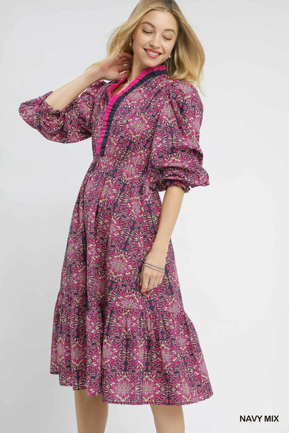 Umgee Smocked Print Waist Midi Dress
