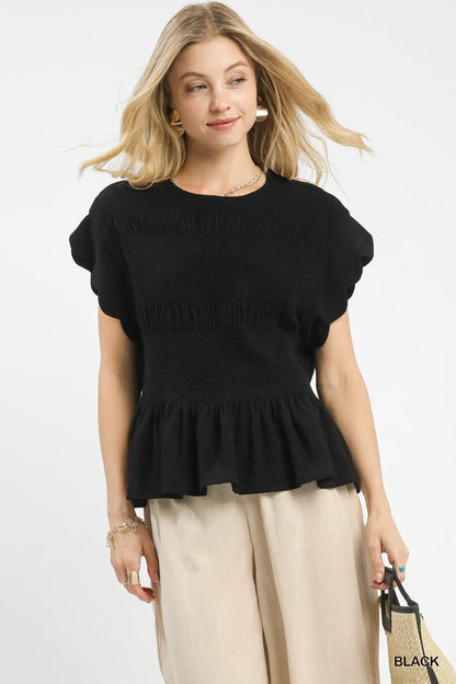 Umgee Black Linen Blend Smocked Peplum Top