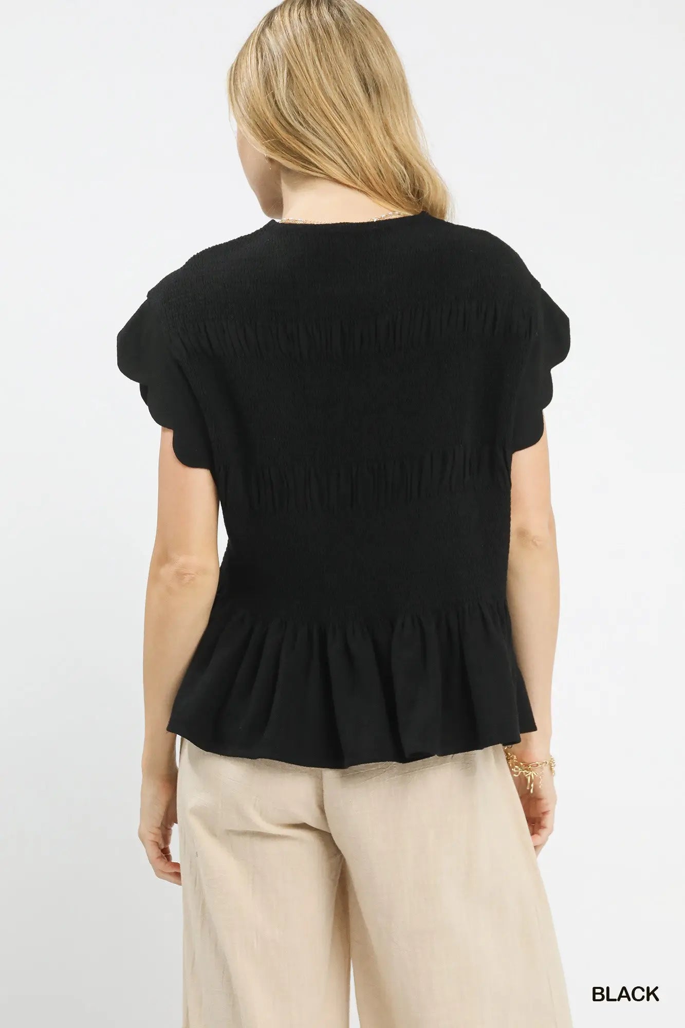Umgee Black Linen Blend Smocked Peplum Top